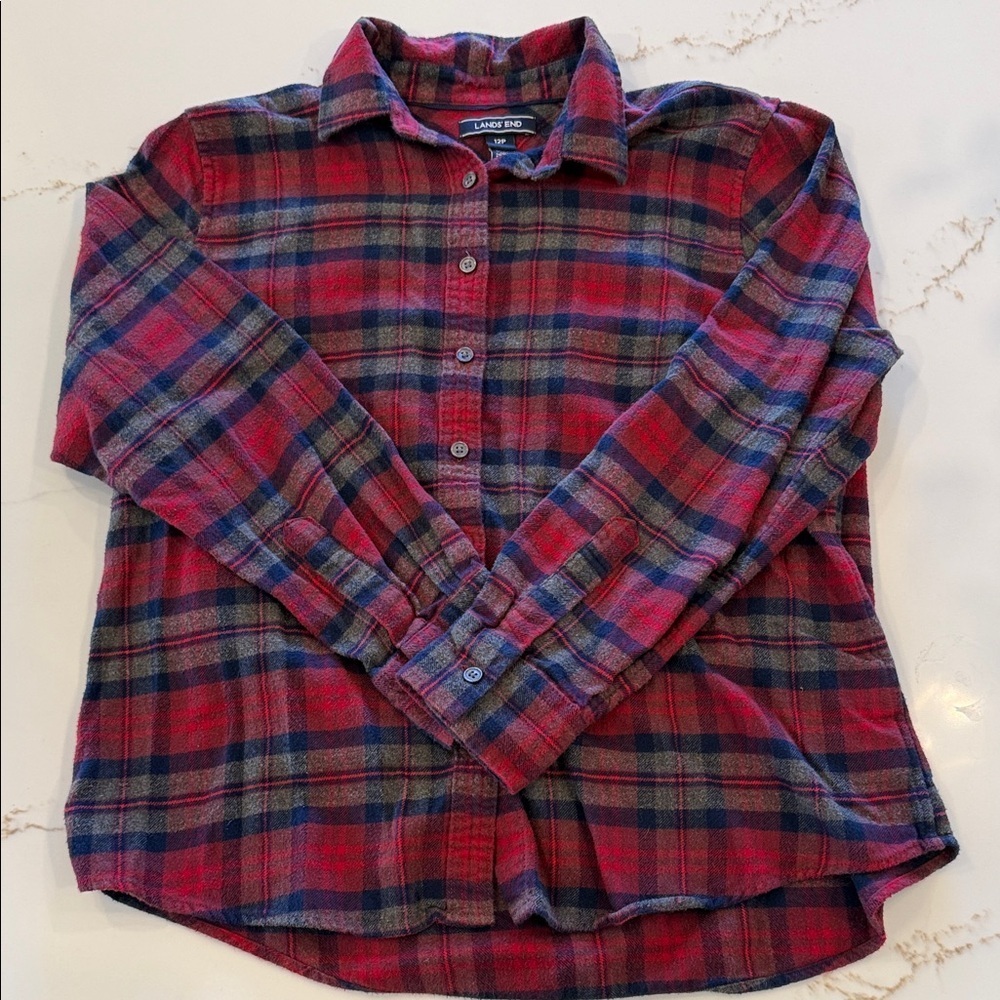 Lands' End Red and Navy Plaid Flannel Shirt Size 12P